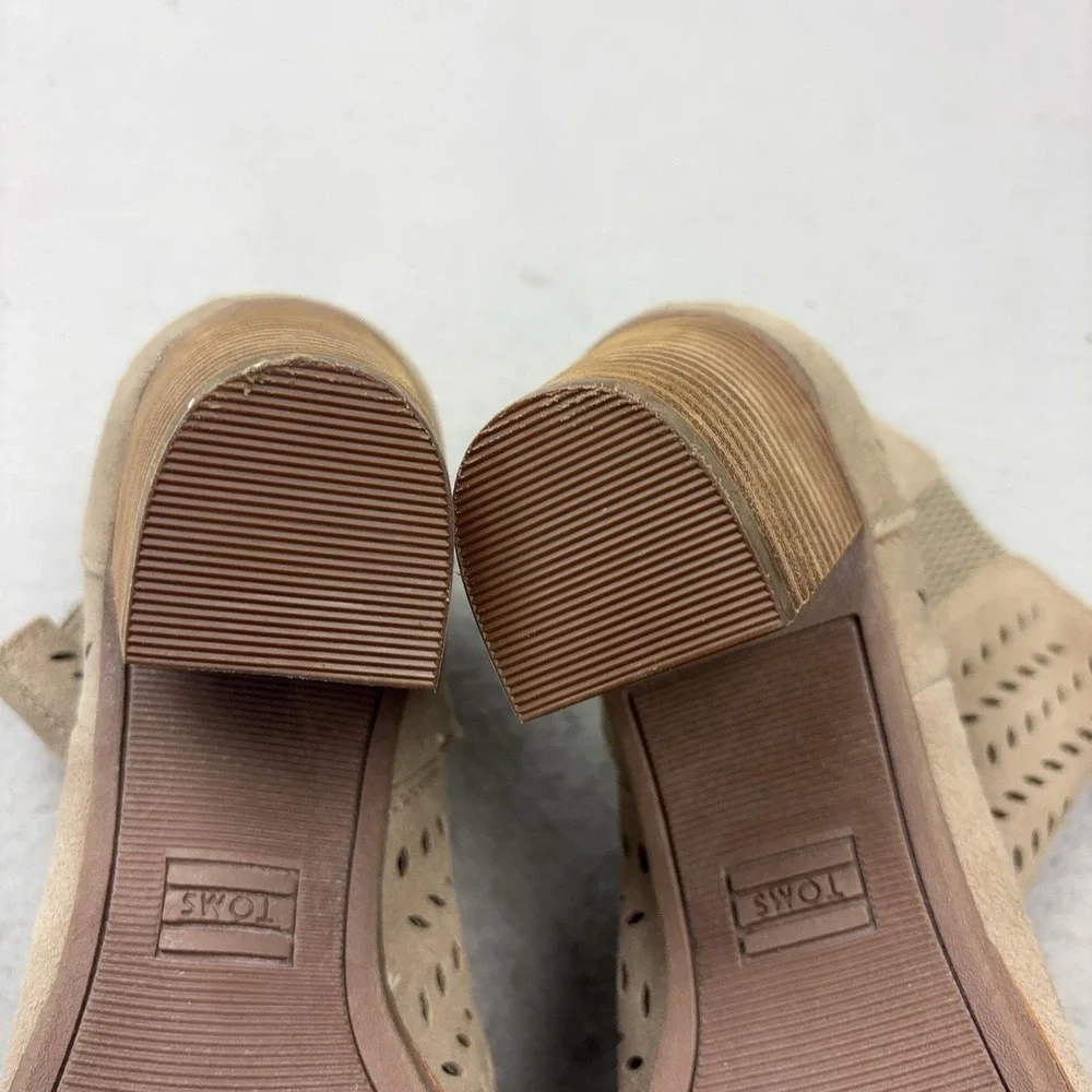 TOMS Boots Womens Size 9.5 Beige Suede Peep Toe Perforated Ankle Zip Block Heel